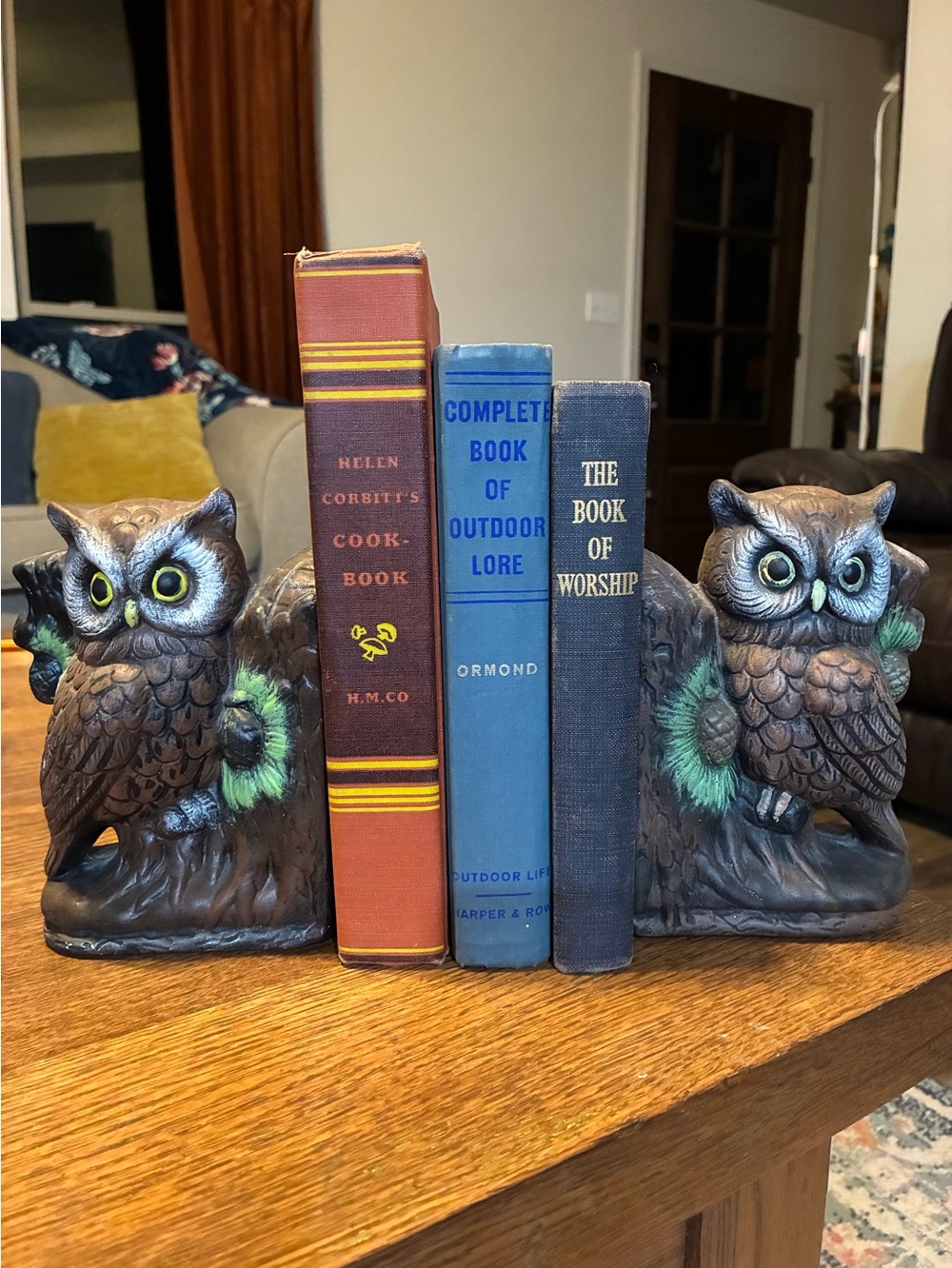 VTG Ceramic Owl Bookends Pair, Tree Stump Design, Brown/Green/Gray, 5 in Tall